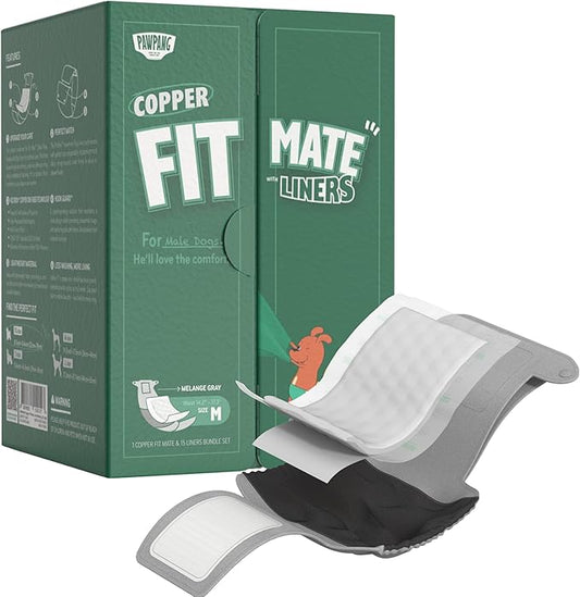 PAWPANG Copper Fit Mate Washable Male Dog Belly Band Kit – 1 Reusable Male Wrap with 15 Dog Diaper Liners, Ideal for Senior Dogs, Incontinence, and Marking, M