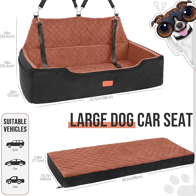 Large Dog Car Seat Under 100 lbs, Washable Dog Car Bed for 2 Medium Dogs, Detachable Pet Booster Seat with Storage Pocket and Seat Belt for Back Seat Dog Travel Bed
