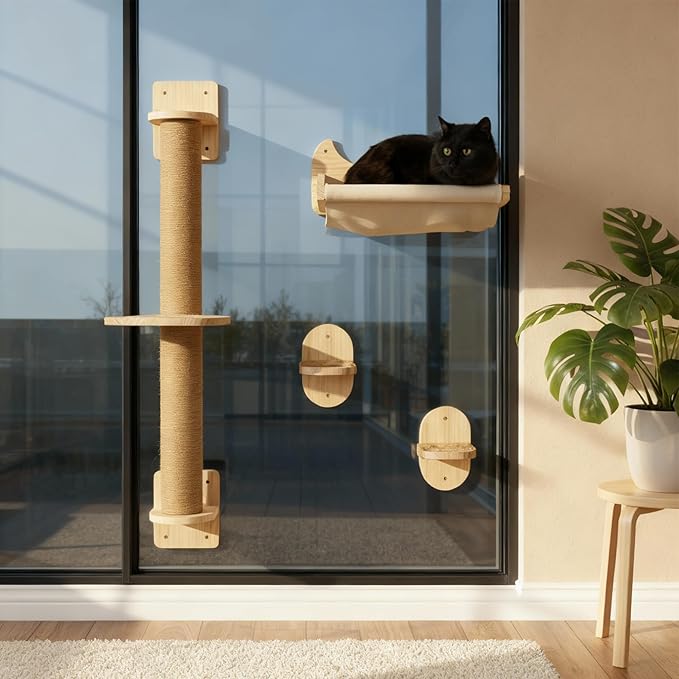 Space Saving Cat Wall Shelves, Window and Wall Mount 4-in-1 Cat Tree – Hammock, Cat Scratching Post, Two Steps with Grips – Natural Pine, Jute Rope – Beige