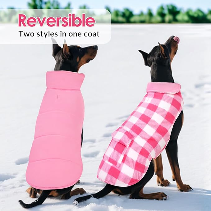 ASENKU Dog Winter Coat, Fleece Doggie Jacket Plaid Reversible Vest Waterproof Windproof Cold Weather Clothes for Small Medium Large Dogs (Pink,3XL)