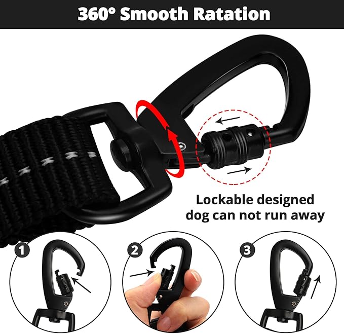Rope Dog Leash 3 FT: Heavy Duty Leashes with Swivel Lockable Hook Reflective Threads Bungee and Padded Handle - Dog Lead for Large Small Medium Dogs Outside Walking Hiking Black