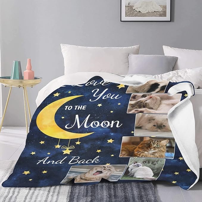 Custom Blanket with Photo, Personalized Love You to The Moon and Back Blankets Gifts with Picture for Family Mom Dad Friends Lover Pets for Birthday Wedding Christmas