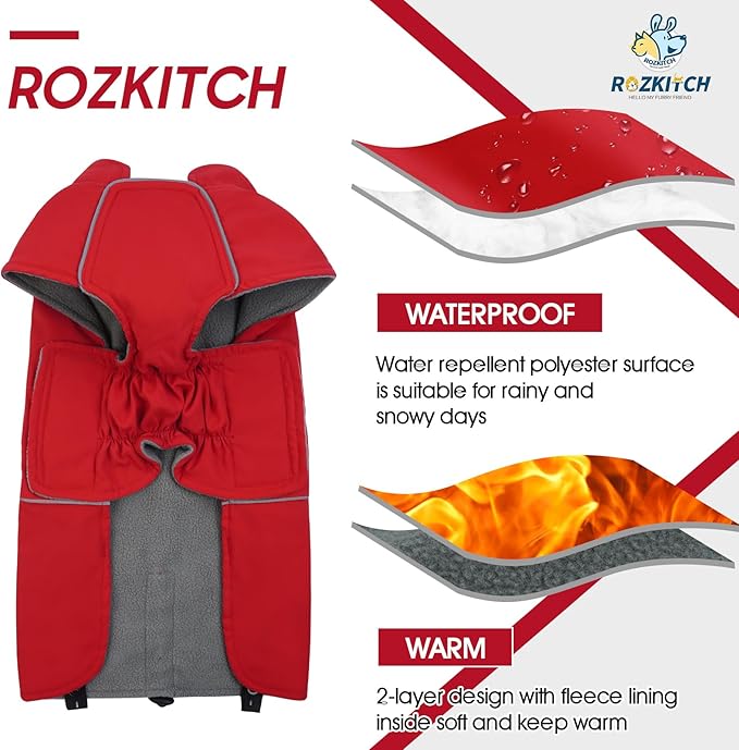 ROZKITCH Dog Winter Coat, Waterproof Raincoat Jacket with Fleece Liner and Leash Hole, Windproof Rain Jacket with Reflective Strip for Medium, Adjustable Poncho Vest for Outdoor Hiking Travel Red L