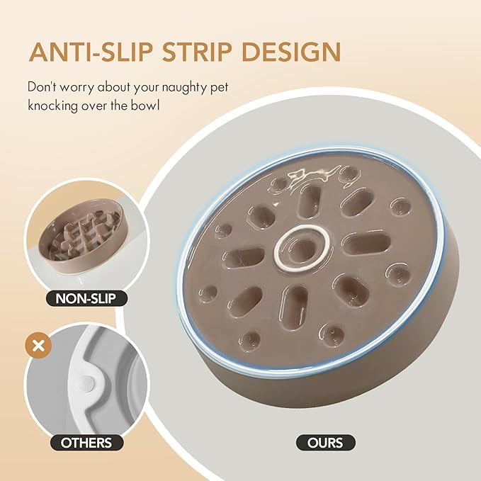 Ceramic Raised Slow Feeder Dog Bowl Set, Elevated 8.2inch Bowl and 9.5inch Slow Pet Food Dish with Wooden Stand for Large Dog (2 x Brown Coffee+ Stand)