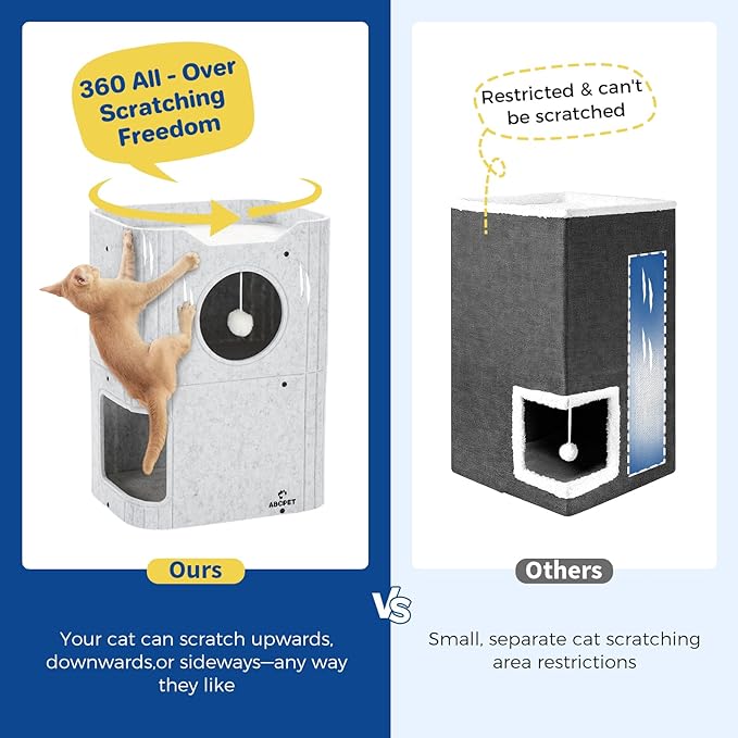 Cat House for Indoor Cats Cat Bed Cave 2-Storey Cats Condo with Cozy Felt Covered Hideaway for Multiple Pets Light Gray