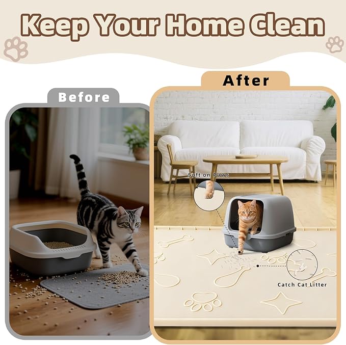 Silicone Cat Litter Mat with Collection Pocket, 42" x 28" Large Cat Litter Box Mat Waterproof Anti-Slip Litter Trapping Mat with Edge and Handle Pet Placemat for Floors (Beige)