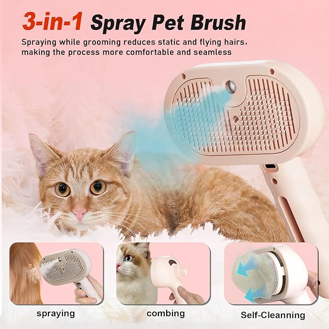 Dog Steam Brush 3 in 1 Cat Brush with Steam and Release Button Grooming Tool for Indoor Pets Dogs Hair Removal Shedding Water for Small Animals Long Short Haired(PINK)