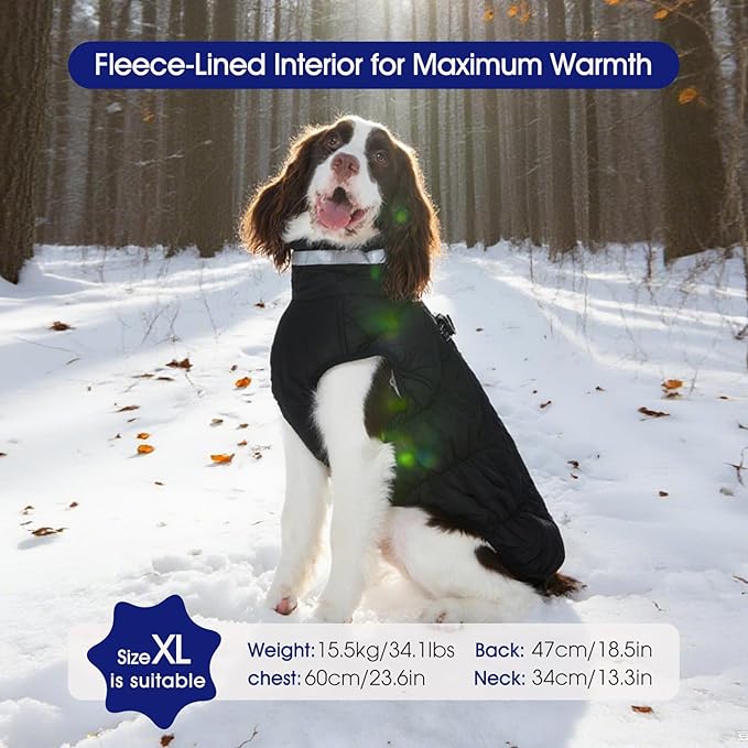 FUAMEY Dog Coat for Large Dogs,Waterproof Dog Winter Jacket with Harness Built in Puppy Cold Weather Coats Reflective Pet Vest with Zipper Warm Fleece Dogs Snowsuit Windproof Solid Black 3XL