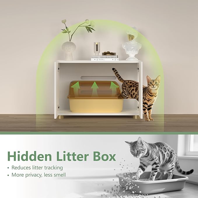 Small Litter Box Enclosure, Sleek Modern Cat Litter Box Cabinet Furniture, Wooden Cat House, End Table (White)