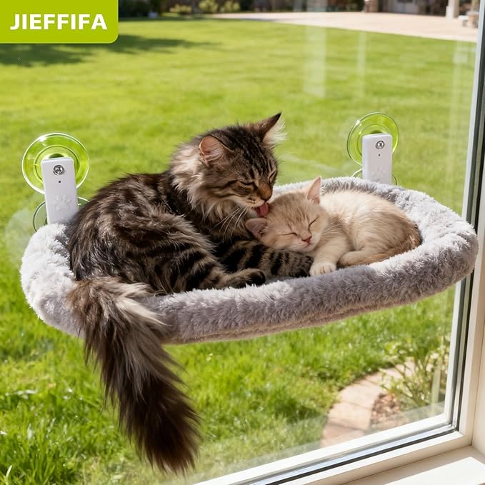 Cat Window Perch with Strong Suction Cups, Cat Window Hammock Foldable Bed with Breathable Mesh, All-Season Lounger for Medium Small Cats to Bird Watch & Sunbathe (Grey, XL)