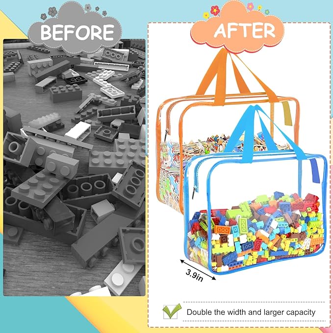6 Color Large Toy Storage Bags with Labels, Reusable Clear PVC Board Game Storage, Travel Waterproof Organizer Bags with Zipper for Building Blocks, Puzzle, Kids Books