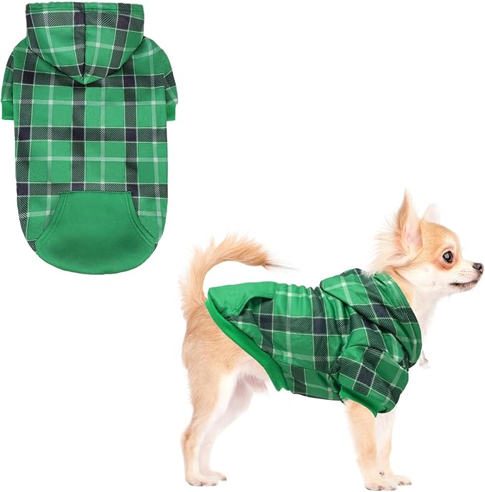 KOOLTAIL Plaid Dog Hoodie for Small Medium Large Dogs - Pet Clothes Sweater with Hat and Pocket for Cold Weather Winter, Warm Soft Dog Hooded Sweatshirt Coat Outfit for Puppy Cats Girls Boys Green XS