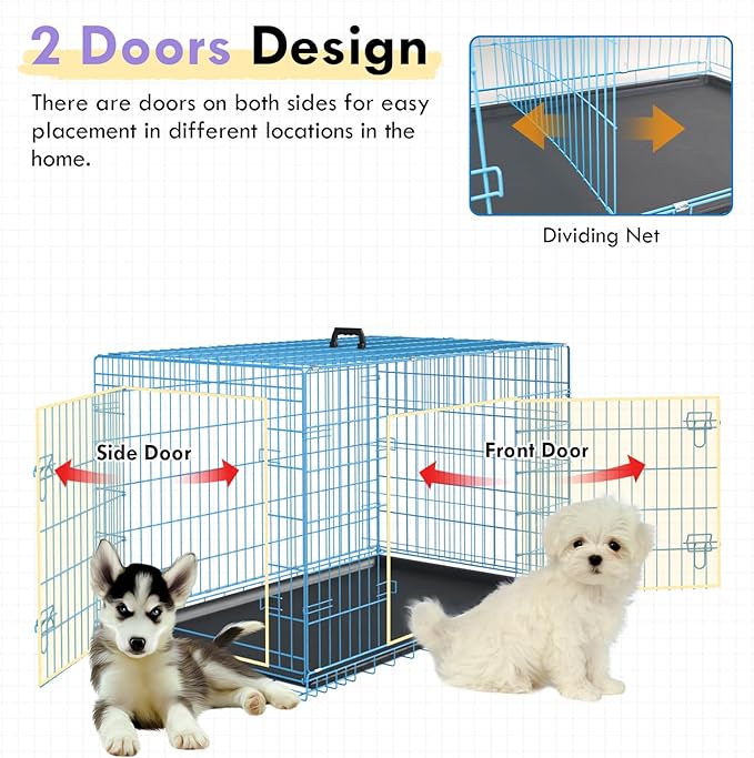 PayLessHere Small Dog Crate Kennel 24 inches Metal Dog Cage Double-Door Folding Travel Indoor Outdoor Puppy Playpen with Divider and Handle Plastic Tray,Blue