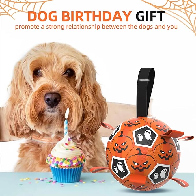 Diman Dog Soccer Ball with Straps, Halloween Dog Toys, Pet Toys Balls for Medium Large, Pet Birthday Gift, Interactive Dogs Toy for Tug of War (7 inch)