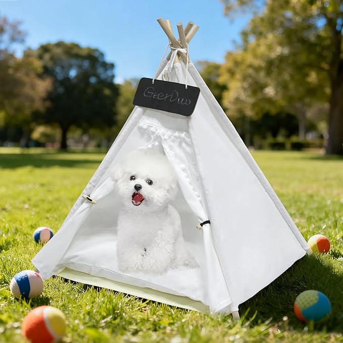 Pet Teepee Tent for Small Dogs or Cats, Protable Puppy Sweet Bed, Dog/Cat House with Thick Washable Cushion(Striped,28in)