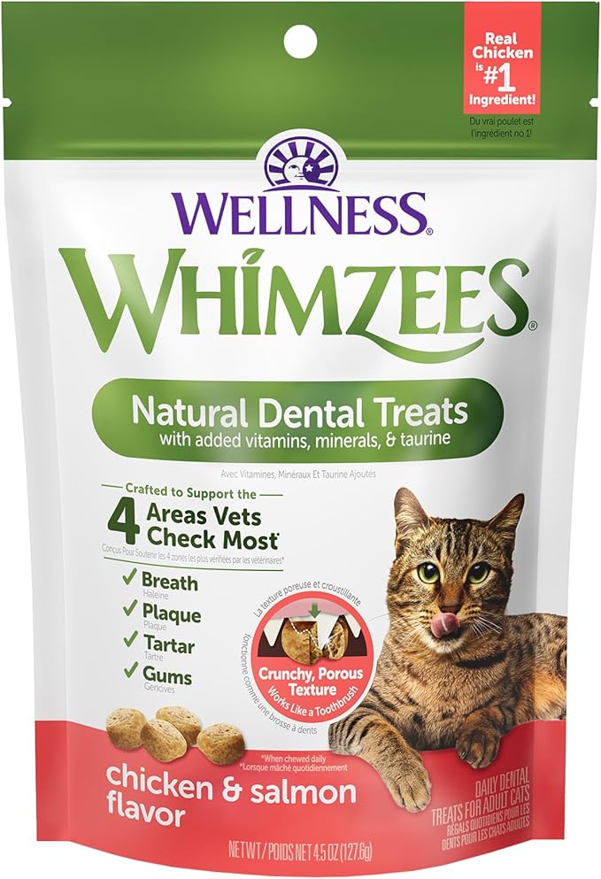 WHIMZEES Wellness Cat Dental Treats, Natural Chews, Chicken and Salmon Flavor, (4.5 Ounce Bag)