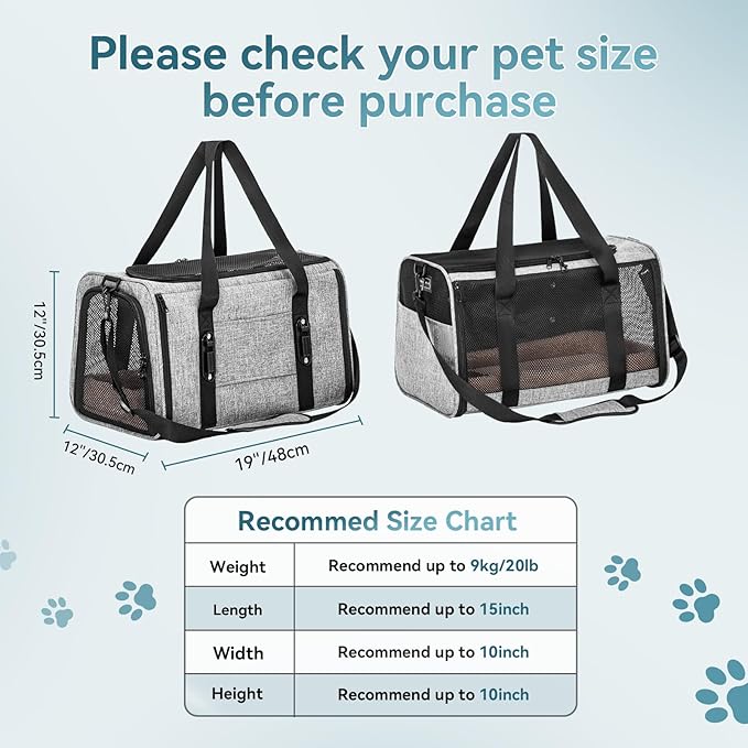 PETSFIT Cat Car Carrier for Medium Cats Dogs, 19"x12"x12" Small Dog Carrier, with Patent Safety Buckles and Escape-Proof Zipper - Safeguarding Car Travel, Vet Visit, Outdoor