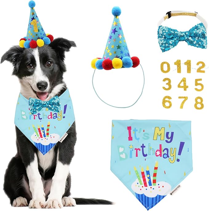 ADOGGYGO Dog Birthday Bandana Scarf and Blue Boy Pet Birthday Party Hat with Cute Bow Tie for Medium Large Dog Pet (Large)