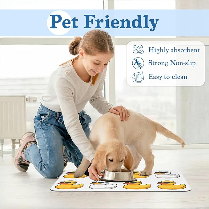 Cute Ducks Glasses Pet Feeding Mat for Floors–Absorbent Quick Dry Dog Cat Bowl Mat for Food and Water, Non Slip Waterproof Base, Mess-Free Feeding Accessories 16"x24"