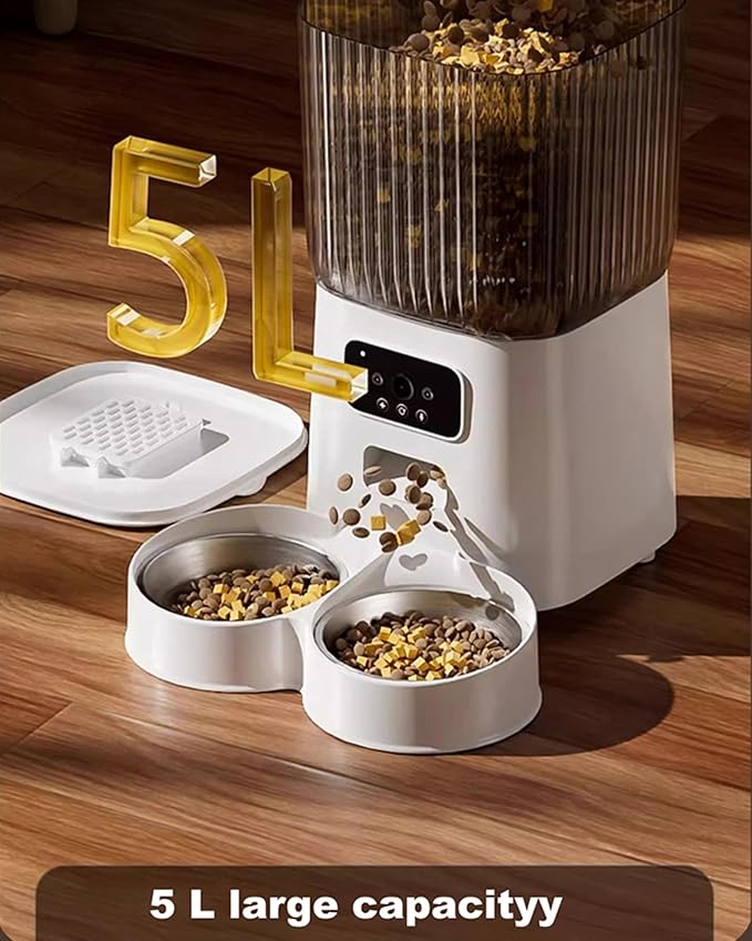 Automatic Cat Feeder, Camera Auto 2 Cats Dispenser 5L Microchip WiFi 2.4G&5G Timed Dual Pet Smart APP Dry Food Self Feeding Container Station (White)
