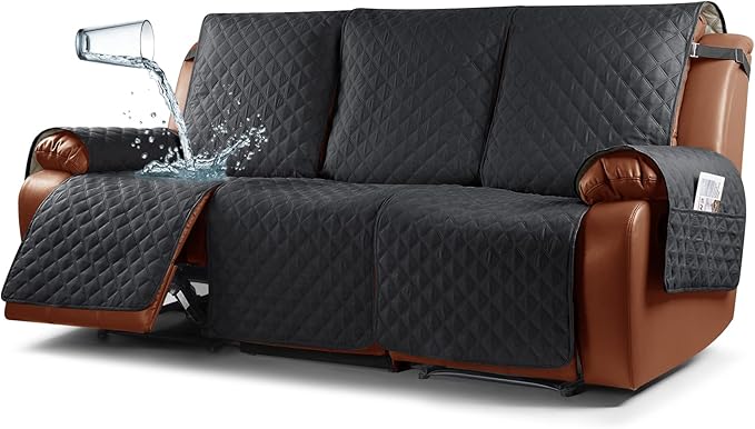 Ruaozz Waterproof Recliner Couch Covers 1-Piece Sofa Covers Washable Recliner Covers Non-Slip Furniture Protector with Elastic Straps Pocket for Kids, Pets(Black, 3 Seater)