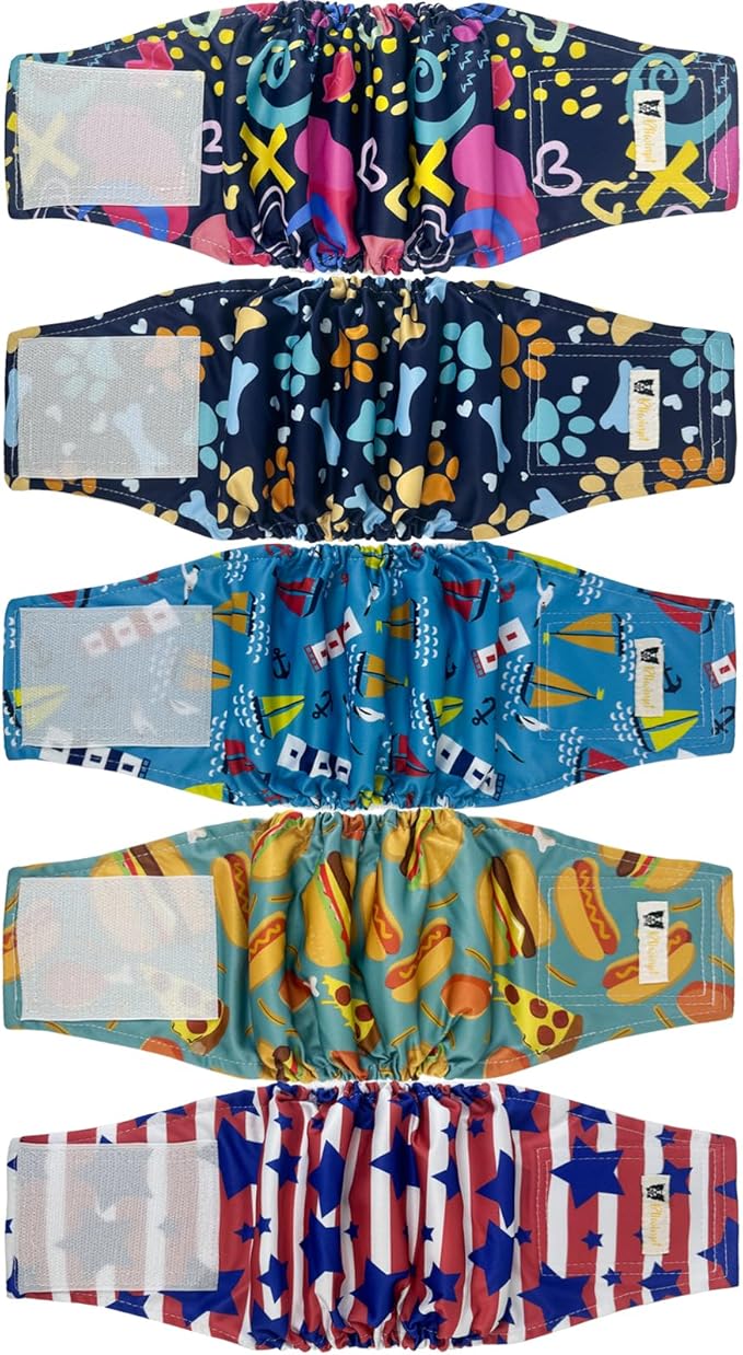Dog Diapers Male Large High Absorbing Belly Band for Male Dogs Washable Male Diapers for Dogs with Cute Patterns 5packs (L, 14” - 18” Waist)