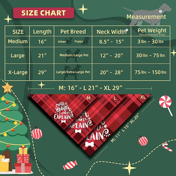 Christmas Dog Bandanas Funny Holiday Stocking Stuffers Pet Scarf Naughty & Nice Gifts Idea, Dear Santa I Can Explain, Red Plaid, Medium & Large Breed, 25-75lbs