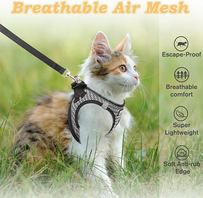 Cat Harness and Leash for Walking Escape Proof, Adjustable Kitten Vest Harness Reflective Soft Mesh Puppy Harness for Outdoor, Comfort Fit, Easy to Control (Gray, S)