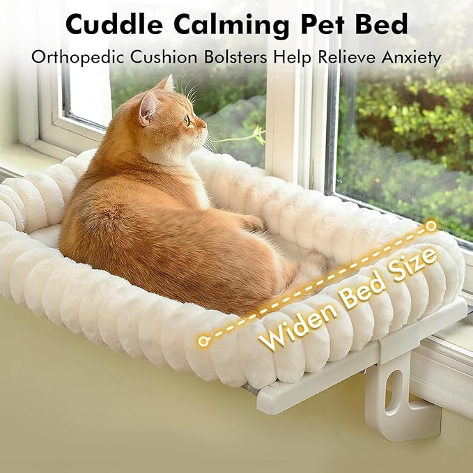 Cat Window Sill Perch,‌ 4-Sided Cushion Bolster Cat Window Seat with ‌Sturdy Frame,‌ ‌Easy Adjust Window Sill Mount Pet Bed for Indoor Cats (White, Medium)