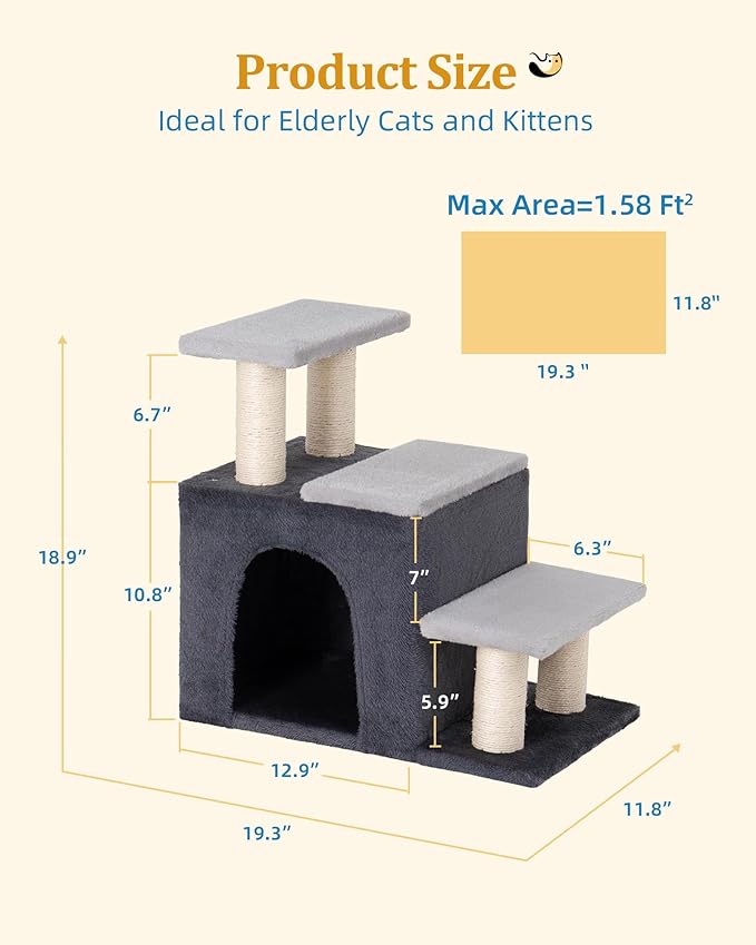 3-in-1 Pet Stairs for Cats, Dog Steps for Small Doggie, 6.29''Depth Cat Stairs, Indoor Cat Ladders for High Bed for Pet's Joints,Soft Plush, 1 Cat Condo Cave, Sisal Scratching Posts, Grey, Medium