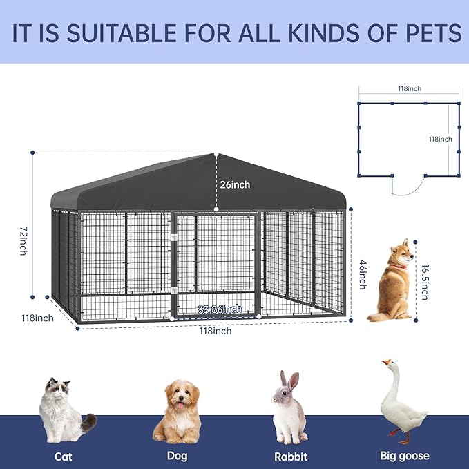118" x 118" Outdoor Dog Kennel Steel Ideal Dog Fence for Medium/Small Dogs Anti-Rust Coating Cage with Roof All Weather Resistant Dog House with Double Locks