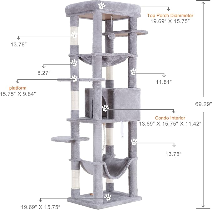 Heybly Cat Tree for Large Cats 20 lbs Heavy Duty,69 inches XXL Cat Tower for Indoor Cats,Multi-Level Furniture Condo with Big Padded Plush Perch,Cozy Basket HCT031W