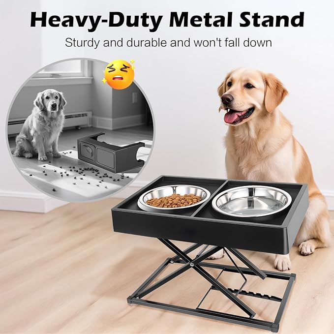 Joytale Elevated Dog Bowls for Large Breeds, Heavy Duty 9 Adjustable Height from 9" to 17.5" Metal Stand Anti-Slip, Non Spill Raised Food & Water Station with 2 Stainless Steel Food Bowls, Black