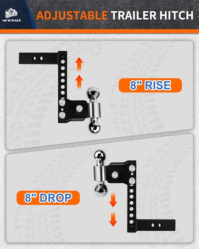 METOWARE Adjustable Trailer Hitches Fits 2-Inch Receiver - Adjustable Ball Mount with 8-Inch Drop/Rise (12,500 LBS GTW) - Dual Ball (2'' x 2-5/16'') and Anti-Theft Stainless Steel Trailer Lock