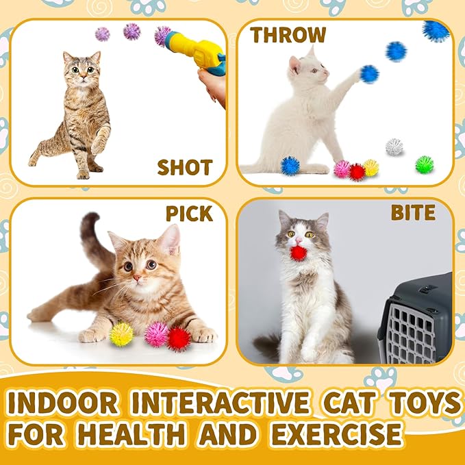 Cat Toy Balls with Launchers Set,2 Cat Toy Launchers & 100 Glitter Cat Pom Pom Balls,Cat Fetch Toy Interactive Cat Toy Balls for Kitty Gifts