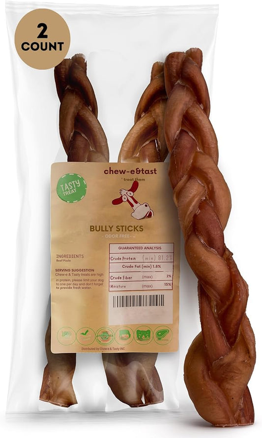chew-e&tasty 12" Monster Braided Bully Sticks (Pack of 2) Odor Free Long Lasting Beef Chews- Made & Packaged at Food-Grade Facility High Protein Dental Treats for Very Aggressive Chewers