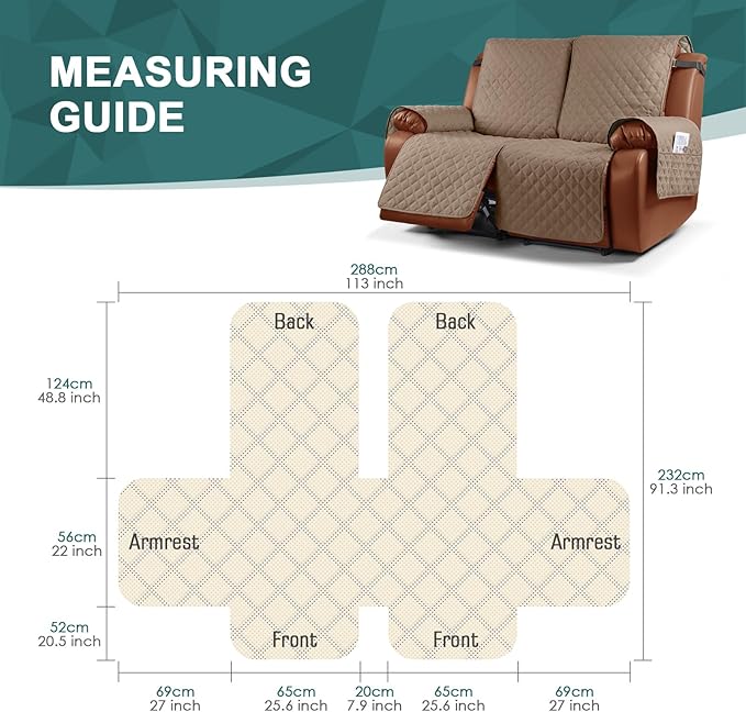 Ruaozz Waterproof Recliner Sofa Cover 1-Piece Couch Covers for Reclining Couches Reclining Sofa Cover Washable Furniture Protector with Elastic Straps Pocket for Kids, Pets (Light Brown, 2 Seater)