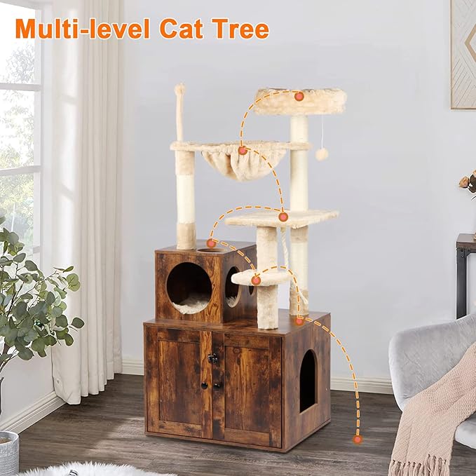 Cat Tree with Litter Box Enclosure, 2-in-1 Cat Tower for Indoor Cats, Large Wood Cat Condo with Basket, Scratching Posts, Pompoms, Rustic Brown