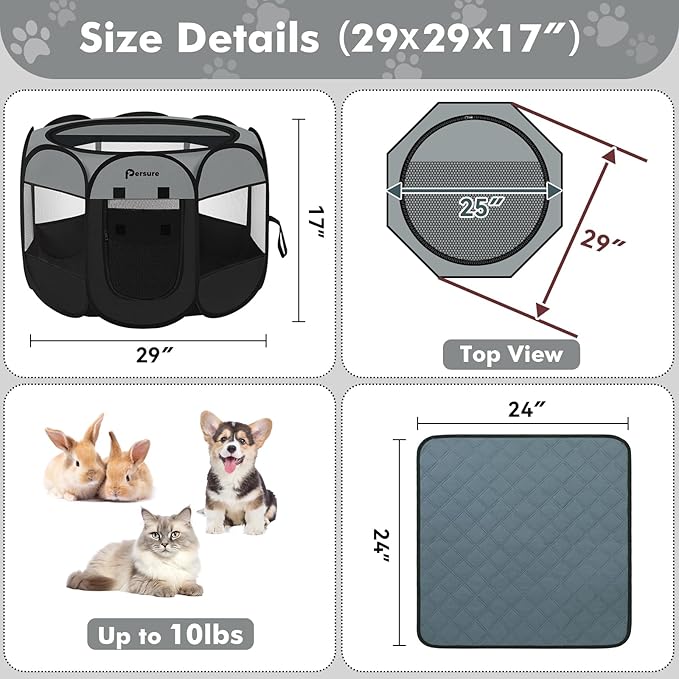 Dog Cat Playpen Indoor Outdoor for Puppy Pet Dogs Cat Recovery After Surgery, Dog Tent Crates Cage Indoor/Outdoor, Portable Pop Up Dog Kennel with Carrying Case for Travel (Dark Grey, Small with Pad)