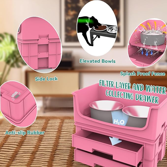 Mess Proof Dog Bowls, No Mess Food and Water Bowl, Dog Feeding Station with 2 Stainless Steel 1.25L/43oz Bowls, Spill-Proof Pet Feeder for Medium and Large