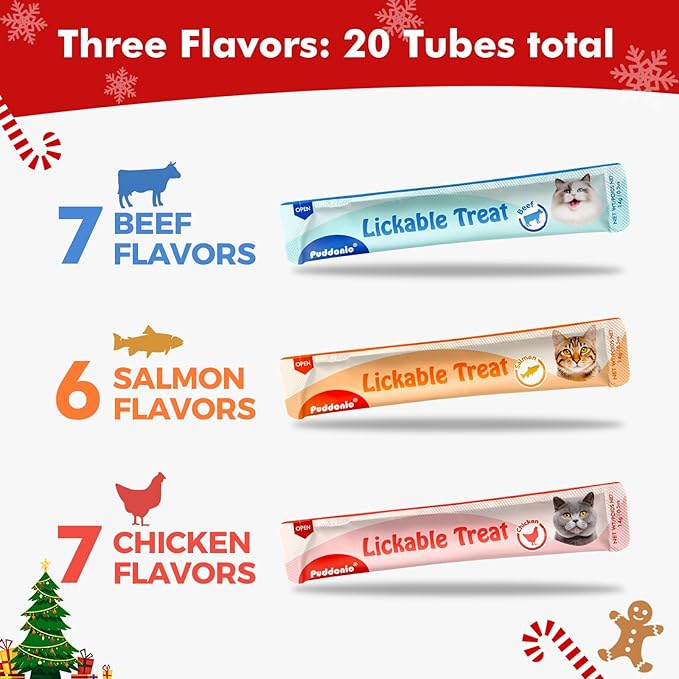 Christmas Cat Treats, High-Meat Lickable Puree, Grain & Gum Free, for Cats, All-Natural Protein Snacks, 0.5oz Tubes (Pack of 20)