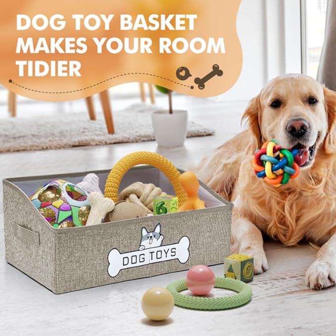 Dog Toy Basket, Collapsible Dog Toy Box with Handle, Perfect for Storing Pet Toys and Accessories (Light Khaki)