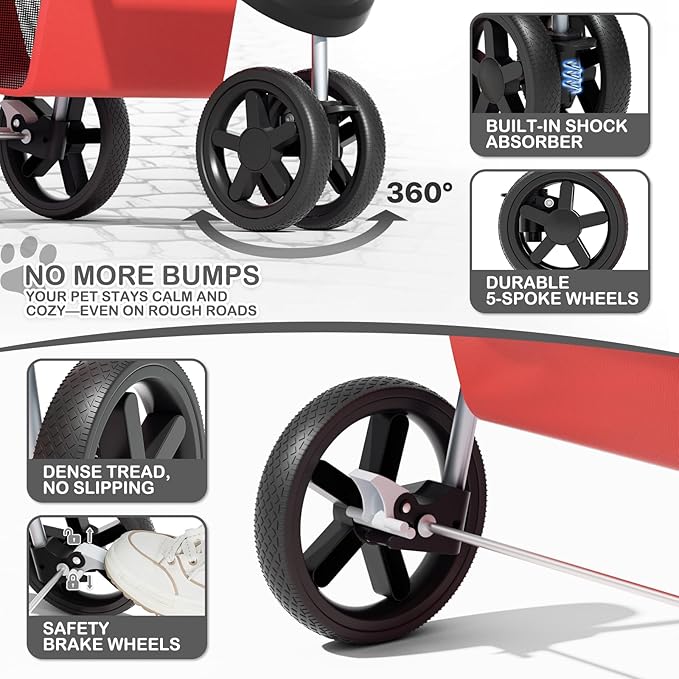 MoNiBloom 3 Wheels Pet Stroller, Foldable Puppy Cage Jogger Stroller with Weather Cover for All-Season, Storage Basket and Cup Holder, Breathable and Visible Mesh for Small/Medium Pets, Red