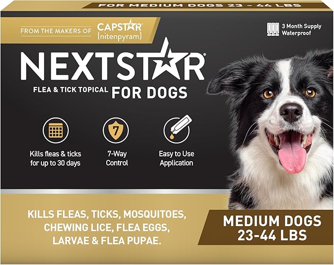 NEXTSTAR Flea and Tick Prevention for Dogs, Repellent, and Control, Fast Acting Waterproof Topical Drops. Medium Dog Tick & Flea Repellent, 3 Month Dose