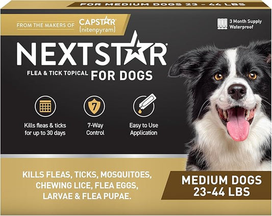NEXTSTAR Flea and Tick Prevention for Dogs, Repellent, and Control, Fast Acting Waterproof Topical Drops. Medium Dog Tick & Flea Repellent, 3 Month Dose