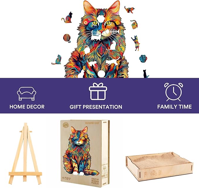 Jigfoxy Wooden Puzzles for Adults, Cat Wood Puzzle for Adult, Unique Animal Shape Puzzles, Challenging Jigsaw Puzzle(L-16.5 * 13.2in-300Pcs)