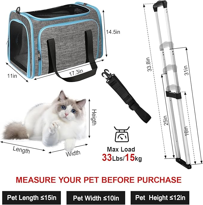 Pet Carrier with Wheels Up to 33 lbs Airline Approved Cat Carrier Rolling Pet Carrier w/Removable Wheels & Expandable Side Washable Plush Mat Pet Travel Carrier with Telescopic Handle & Shoulder Strap