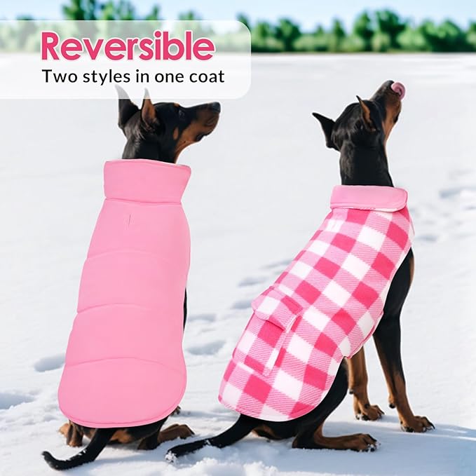 ASENKU Dog Winter Coat, Fleece Doggie Jacket Plaid Reversible Vest Waterproof Windproof Cold Weather Clothes for Small Medium Large Dogs (M, Pink)