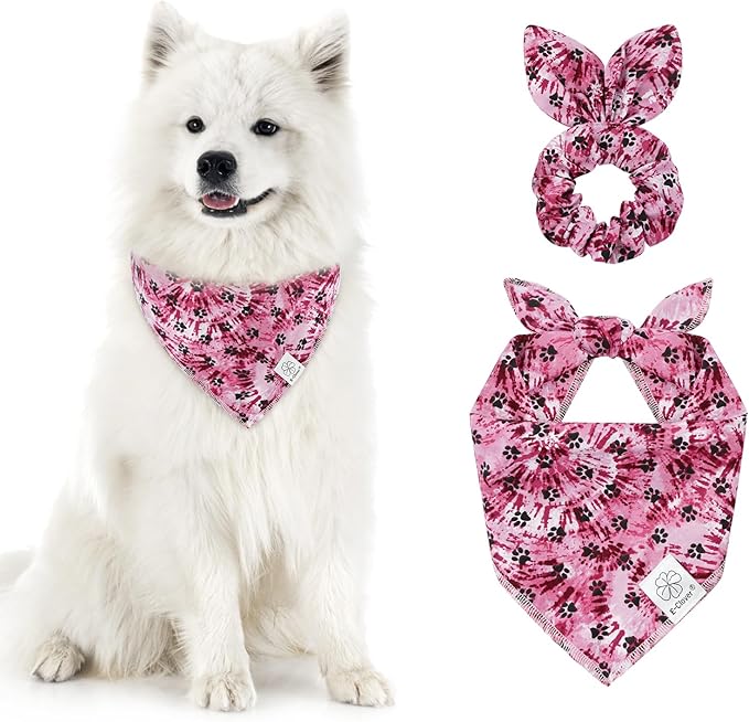 E-Clover Purple Dog Bandana & Matching Scrunchie Dog Paw Prints Pet Dog Scarf Cute Dog Costumes Accessories for Small Medium Large Dogs Lavender