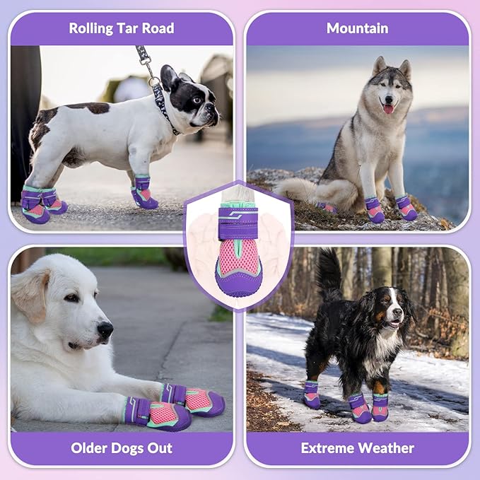 SlowTon Dog Shoes for Large Small Medium Dogs - Breathable Dog Boots for Summer Hot Pavement, Paw Protector for Outdoor Walking Winter Snow, Anti-Slip Rubber Dog Booties for HardFloor (Pink, 4)